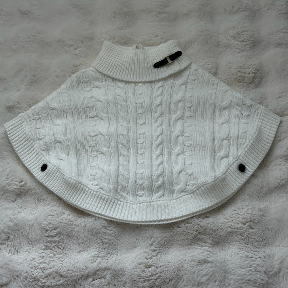 Janie and Jack Ivory Cable-Knit Turtleneck Poncho Cape with Button Accents - Picture 2 of 16